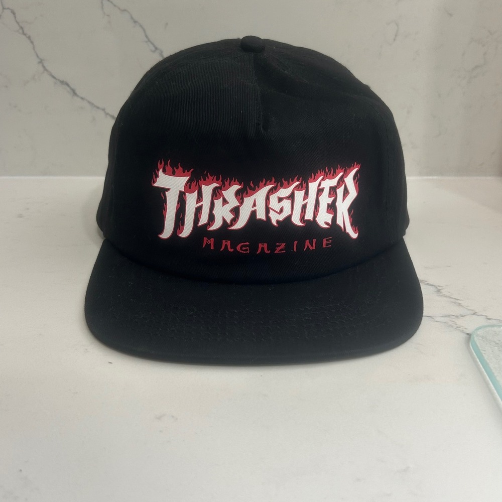 Thrasher Magazine Flame Logo Snapback Hat Black Cotton 5 Panel Skateboard Cap
